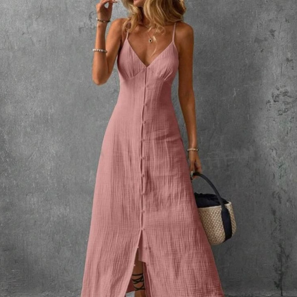 Chic Blush Maxi Dress with Button Detail